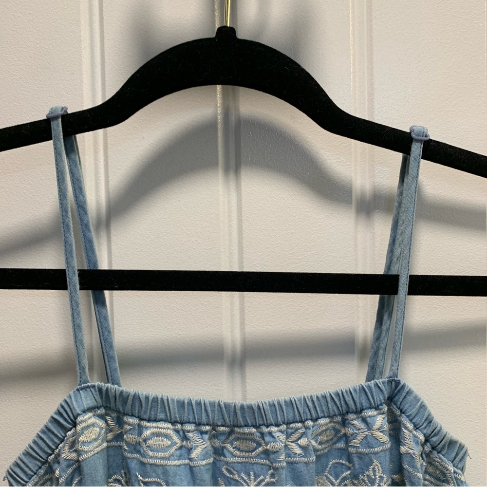Small. Thin blue jean/ chambray jumpsuit. Embroidered top. - Picture 6 of 14